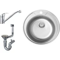 Faizee Möbel Edelstahlspüle Edelstahl Küchenspüle rund Spüle 51 cm Einbauspüle Spüle mit Zubehör, Rund mit Armatur klein Chrom
