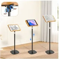 PRIISF Buchstütze 3in1 Buchständer Höhenverstellbar Buchhalter 50-130cm für Boden Tisch (mit XXL-Platte 180°-Neigung Holz Leseständer mit Papierclips, Beweglicher Computertisch Mobile Notenständer Tisch Projector Stand), Tragbarer Podiumständer Redne