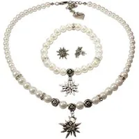 Alpenflüstern Ketten-Set Trachtenschmuck-Set Perlen-Trachtenkette, Armband und Ohrstecker Strass-Edelweiß (creme-weiß), - Damen-Trachten-Schmuck, Trachtenset Dirndl-Kette, Armkette, Ohrringe