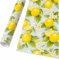Star Geschenkpapier, Geschenkpapier Zitronen & Blüten Motiv 70cm x 2m Rolle Hellblau / Gelb