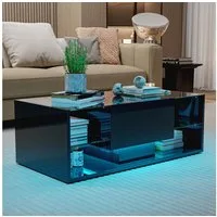 BELUPAI Couchtisch Hochglanz Wohnzimmertisch mit LED-Beleuchtung, Schwarz Sofatisch mit Schubladen und 4 Glasstücke