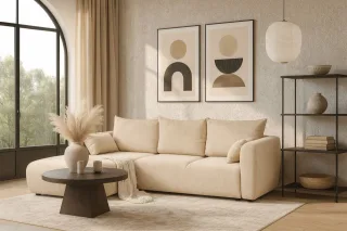 Ecksofa mit Schlaffunktion RUDEN Sofa in Stoff Raven Creme Ottomane Links