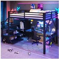 Merax Hochbett 140x200cm mit LED-Beleuchtung inkl. App-Steuerung (Jugendbett Einzelbett, 1-St) Metallbett Kinderbet mit Kleiderschrank Treppe Regalfächern Stauraum