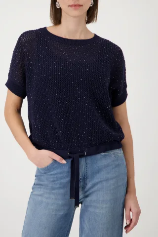 monari - Ajour-Strickpullover mit Strasssteinen marine - Gr. - 38