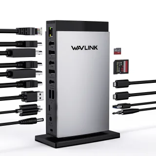 WAVLINK 15 in 1 USB-C DiskplayLink Docking Station with 3*HD 2DP RJ45 Gigabit Audio/Mic SD/TF 5 USB Ports 130W AC Power
