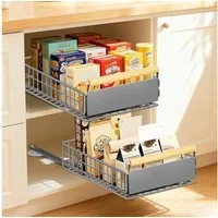 BlingBin Küchenregal Teleskopschublade für Küche, Ausziehbarer Metall Schrank Organizer, 39.5*23.5*11cm, 2er Set 2-tlg., Erweiterbar Küchenschublade mit Holzgriff für Küche Unterschrank