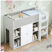 Flieks Hochbett Kinderbett 90x200cm mit Kleiderschrank, Staufächer und Leiter