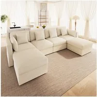 Merax Ecksofa U-förmiges 6-Sitzer Sofa aus Cordstoff, 1 Teile, Modulares Sofa mit verstellbaren Armlehnen, Hockern und 6 Zierkissen
