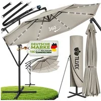 tillvex Sonnenschirm tillvex® Sonnenschirm LED Solar Ø 3m Ampelschirm Balkon Gartenschirm, Alu Ampelschirm + Abdeckung LED Solar Ø 350 cm mit Kurbel, Abdeckung + Ständer, Gartenschirm UV-Schutz Aluminium, Kurbelschirm Marktschirm wasserdicht 360° dre