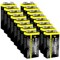 kraftmax 16er Pack Xtreme 9V Block Hochleistungs- Batterien z.B. Rauchmelder Batterie, (1 St)