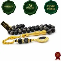 M-Punkt24 Kettenanhänger Tesbih Tespih Naturstein Küre Rund (Obsidian Schwarz, Gebetskette, Rosary, Subha Misbah), Design Püskül, inkl. ETUI, *SONDERPREIS WEGEN PRODUKT NEUHEIT*