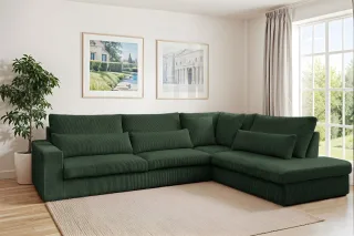 Ecksofa Designersofa THORA in Stoff Poso Grün Ottomane Rechts