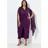 Ulla Popken Partykleid Chiffon-Maxikleid Pailletten V-Ausschnitt Langarm