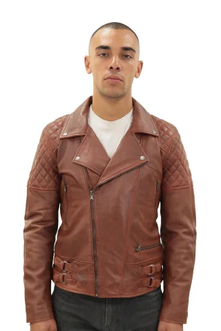 Herren gesteppte Leder Bikerjacke - Bordeaux