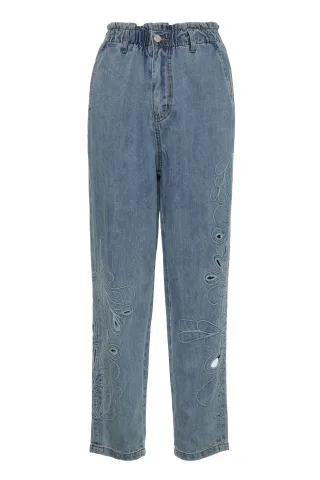 bsb - Barrel Fit Jeans mit hoher Taille und Lochstickerei blau - Gr. - L