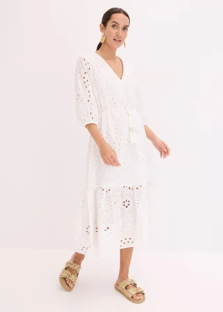 bonprix Midikleid aus reiner Baumwolle mit Lochstickerei, weiß, Gr.52, mit V-Ausschnitt und Lochstickerei, aus 100% Baumwolle