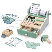 CLTYQ Spielkasse Spielkasse Holz-Kassenset,Montessori,Spielgeld Kartenlesegerät, Kaufladen Zubehör, Spielzeug Kasse Kinderab 3 Jahr