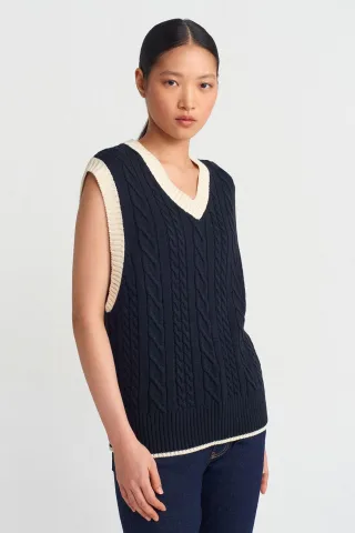 Damen V-Ausschnitt Sweater-Weste mit Zopfmuster