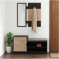HTI-Living Garderobe Garderobenpaneel mit Spiegel und Schuhbank (Set, 2 St., 1 Garderobenpaneel mit Spiegel, 1 Schuhbank), Set Wandgarderobe und Schuhregal mit Sitzkissen