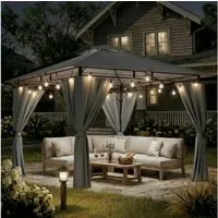 GUNJI Pavillon 300x300/400/600, UV-Schutz 50+, mit integrierter LED-Beleuchtung, (Mit LED-Beleuchtung, mit 4 Seitenwänden, geeignet für Feste, Veranstaltungen, Partys, bietet Platz für 4-10 Personen, grau), Doppelwandiges Gratenpavillon, mit abnehmba