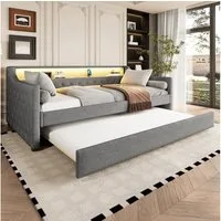 Flieks Daybett, LED Polsterbett Tagesbett 90x200cm mit Ausziehbett, USB-Ladebuchse