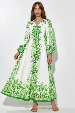 Bedrucktes V-Ausschnitt-Maxi-Kleid mit Bindeschleife