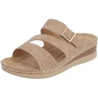 Ital-Design Damen Keilsandale mit Schnalle und Komfortfußbett Pantolette (91849241) Keilabsatz/Wedge Keilsandaletten in Hellbraun