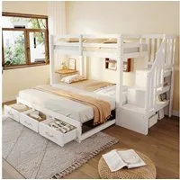 Flieks Etagenbett Oberbett 90x200cm Unterbett 90/180x190cm, Kinderbett mit Stauraumtreppe Schubladen Ausziehbett 90x190cm