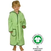 Wörner Kinderbademantel Grashüpfer hellgrün, Langform, Frottier, Kapuze, Gürtel, Biobaumwolle, mit Stickerei, mit Tasche