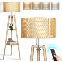 OUTON LED Stehlampe Stehlampe Dimmbar Rattan Akazienholz 2 Ablageflächen Fernbedienung, LED wechselbar, mit doppeltem Schirm und intelligentem Licht