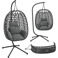 STEELSØN Hängesessel Sarin mit Sitzkissen (grau, bis 150 kg belastbar), Rattan-Korb & Metallgestell, Indoor & Outdoor geeignet