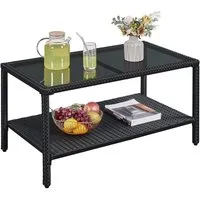 Yaheetech Gartentisch Kaffeetisch aus Rattangeflecht und Hartglas, Balkontisch mit Ablage & Platte für Indoors/Outdoors, Schwarz