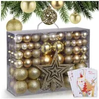 Onbest Weihnachtsbaumkugel Weihnachtskugeln 128-teiliges Set PLUS 5x Karten & 1x Baumspitze, in 3 Größen, 3 Designs, Weihnachtsschmuck Weihnachtsdeko