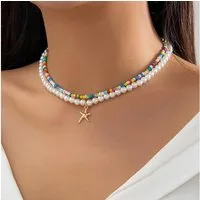 MOPUEA Kette mit Anhänger Bohemian Seestern Halskette, Strand Perlen, verstellbare Halskette (Anhänger Choker Y2K Schmuck Accessoires Geschenke für Frauen, 2-tlg), Sommer Schmuck Bunte Perlen Seestern Halskette Accessoires Outfits