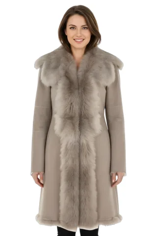 Damen-Trenchcoat aus hellgrauem toskanischem Schafveloursleder – Celeste