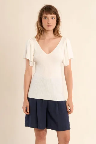 molly bracken - Stricktop mit V-Ausschnitt und Bindeschleife am Rücken beige/weiß - Gr. - M