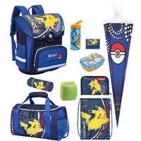 Familando Schulranzen Pokemon Blau mit Pikachu für 1. bis 4. Klasse, Ergonomisch & Leicht (Set, 10-tlg., Komplett mit Schultüte 85 cm), mit Schultüte 85cm, Dose, Flasche und großer Sporttasche