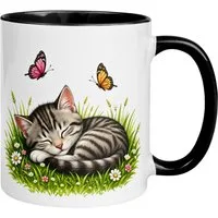 Momentals Tasse Katze – „Schlafende Katze mit Schmetterlingen“ – Süßes Katzen Geschenk, Gratis Versand · Links-&Rechtshänder · Spülmaschinenfest