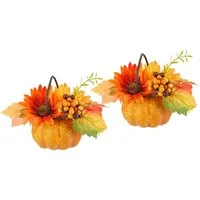 Kunstblume Dahlien-Gesteck im Kürbis, I.GE.A., Höhe 12 cm, Mit Beeren Blume Dekoblume Gesteck Herbstblume Herbstdeko Mittelstück