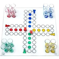 Goods+Gadgets Spiel GOODS+GADGETS Ludo Trinkspiel aus Glas mit 16 Shotgläsern Party, Ludo, Trinkspiel mit Würfel & 16 Shotgläser