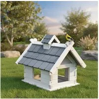 Feel2Home Vogelhaus Vogelvilla in Grau Weiß aus Holz Vogelfutterhaus Vogelhaus mit Dach, Erhöhung am Rand sorgt dafür dass das Futter nicht herausfällt