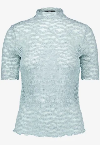 zero - Kurzarm-Shirt aus floraler Spitze mit Stehkragen blau - Gr. - 34