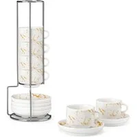 MALACASA Kaffeeservice Porzellan Espressotasse, Metallständer, Weiß/Schwarz/Marmor (6-tlg), 6 Personen, Porzellan