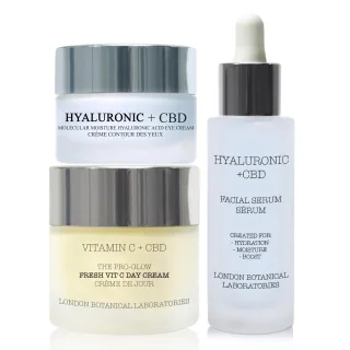 Vitamin C + CBD | Der Pro-Glow Frischer Vit C Tagcreme 50ml + Hyaluronsäure + CBD Molekulare Feuchteimpuls Augencreme 20ml + Hyaluronsäure + CBD Feuchteimpuls-Serum 30ml