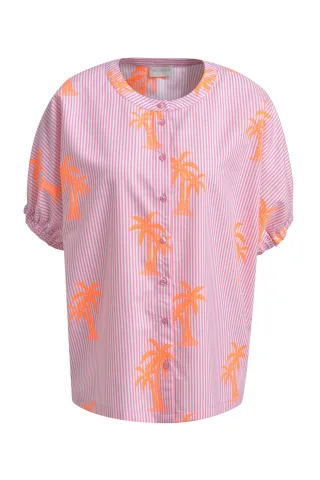 Milano Italy - oversized blouse w neckpanel, placket + elastic cuffs pink print - Gr. - 40