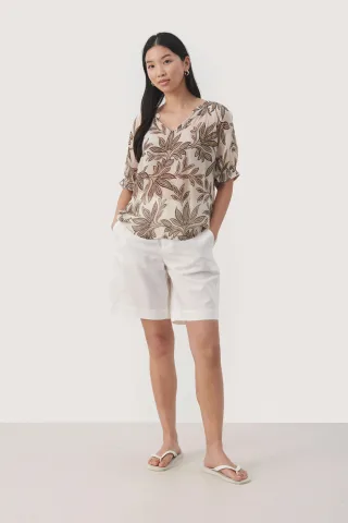 Kurzarm-Bluse Relaxed fit Black Delicate Leaf black white