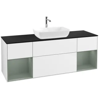 Villeroy und Boch Finion Waschtischunterschrank F862GMGF 160cm, Abdeckplatte black matt, Regale Olive matt lacquer, Glossy white lacquer