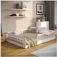CADANI Kinderbett Timi Bodenbett bis 200 kg belastbar mit abnehmbarem Rausfallschutz (140x200 cm, Montessori Kinder- & Jugendbett aus Kiefer Massivholz), inkl. stabilem Roll-Lattenrost, Weiß