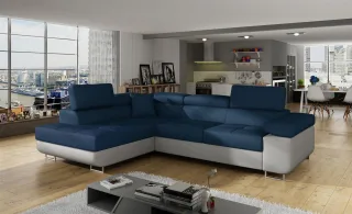 Ecksofa Schlafsofa SARRA in Stoff Monolith Grau-Dunkelblau Ottomane Links
