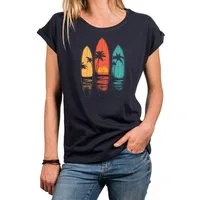 MAKAYA T-Shirt Vintage Damen T-Shirt mit Surfbrett-Print, Retro Surf-Motiv (Schwarz, Blau, Dunkelgrau, 34, 36, 38, 40, 42, 44, 46, 48, 50) Baumwolle